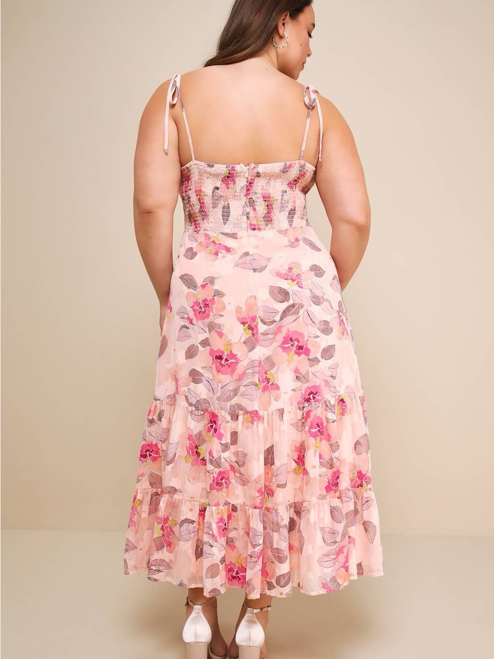 NWT Lulus Tea Party Chic Pink Floral Print Tie-Strap Tiered Midi Dress M - Picture 7 of 9